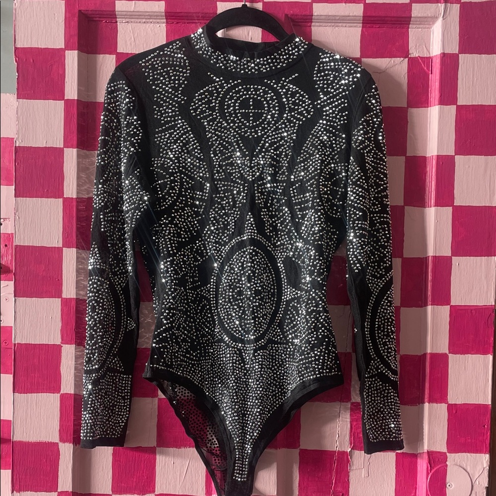 Fashion Nova Black Bodysuit with Silver Accents